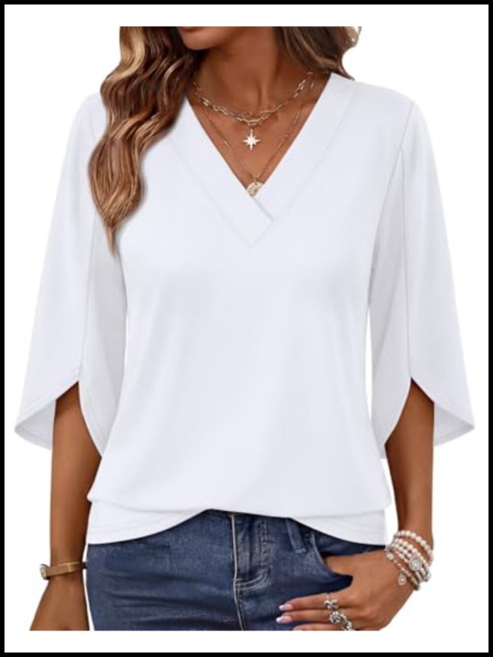 Womens V Neck Top Bell Sleeve Blouse Dressy Casual Summer Shirt